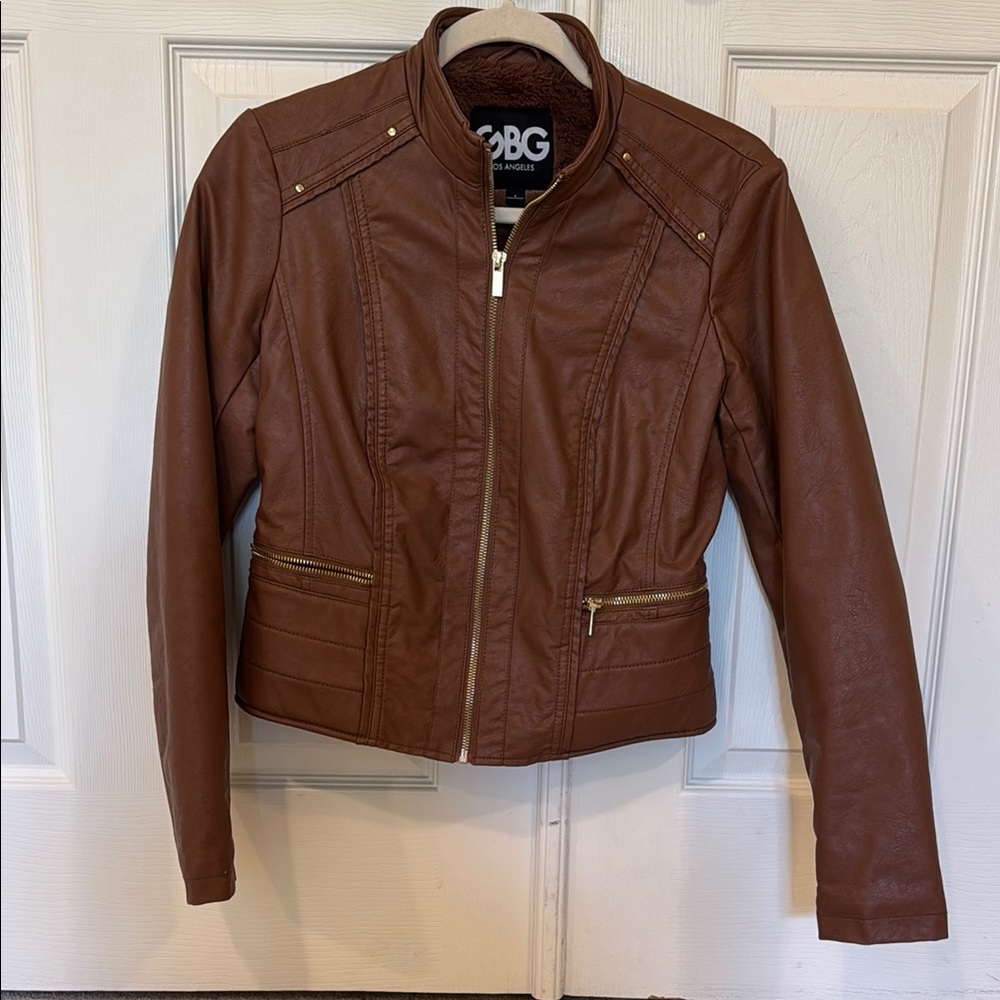 GBG Los Angeles Brown Leather Moto Jacket Fitted Silhouette